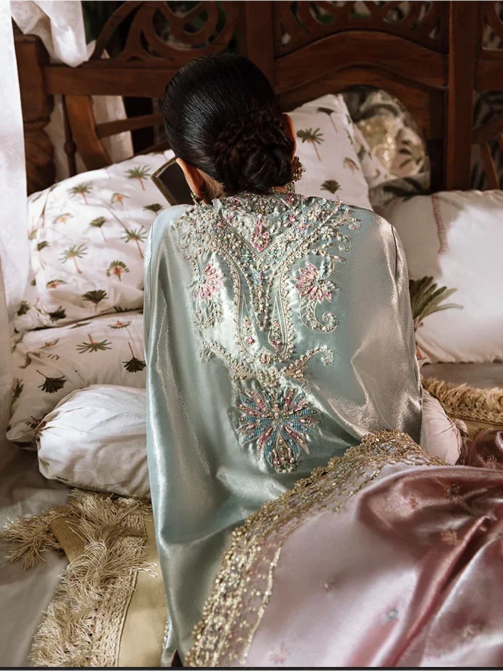 MUSHQ Embellished silk dress in Shimmering Aqua silver&tissue heavy work dupatta - Picture 15 of 16